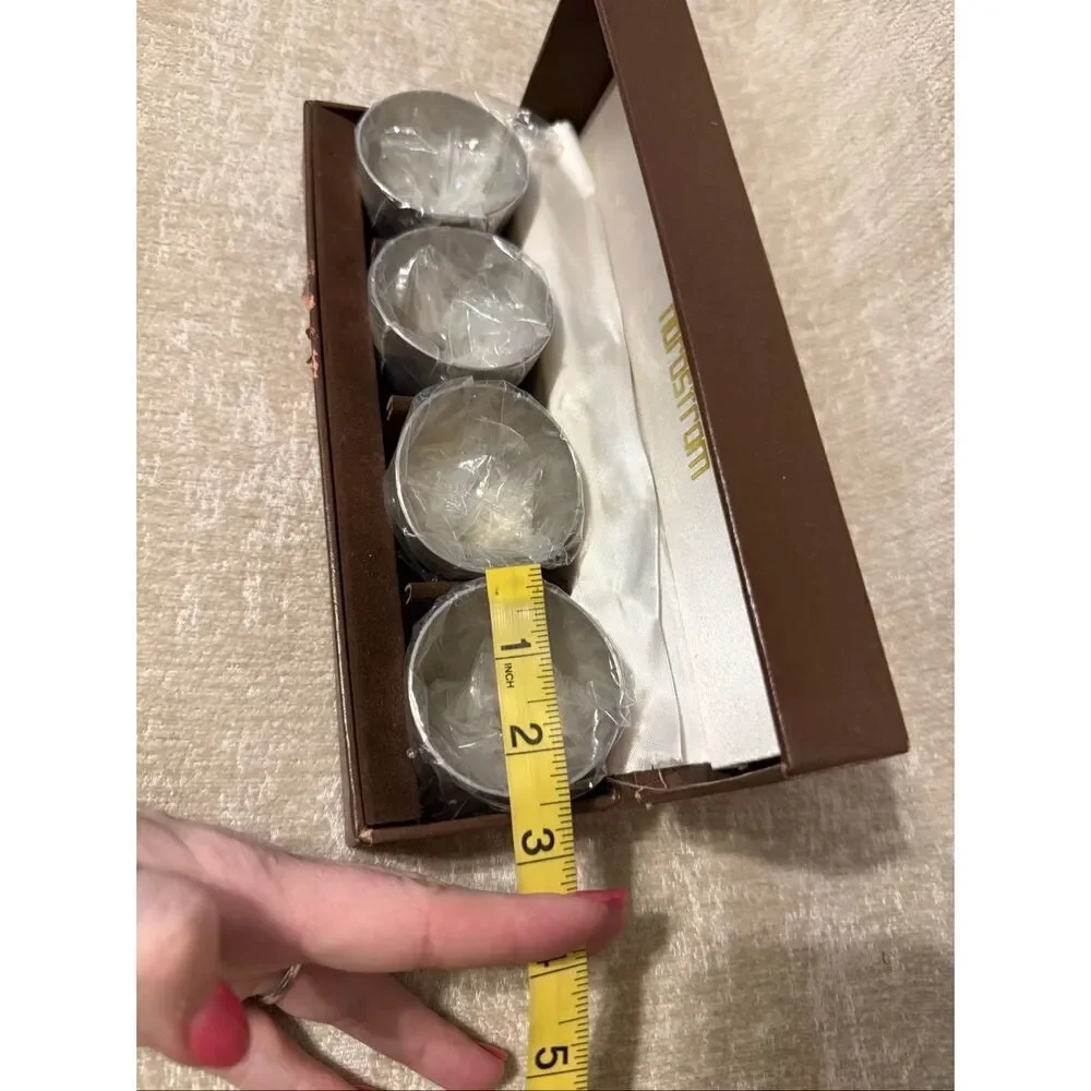 Vintage 80's Nordstrom Set Of 4 Pewter Shot Glasses in Brown Gift Box Silver